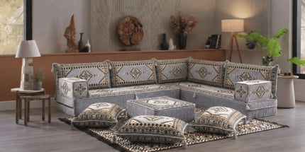 Arabic Floor Sofa Set – Gray L Shaped Majlis Sectional with 8 Inch Cushions