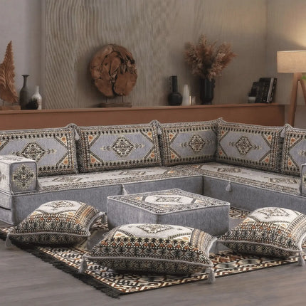 Arabic Floor Sofa Set – Gray L Shaped Majlis Sectional with 8 Inch Cushions