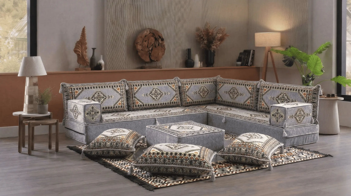 Arabic Floor Sofa Set – Gray L Shaped Majlis Sectional with 8 Inch Cushions