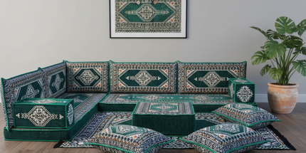 Arabic Floor Sofa Set – Geen L Shaped Majlis Sectional with 4 Inch Cushions