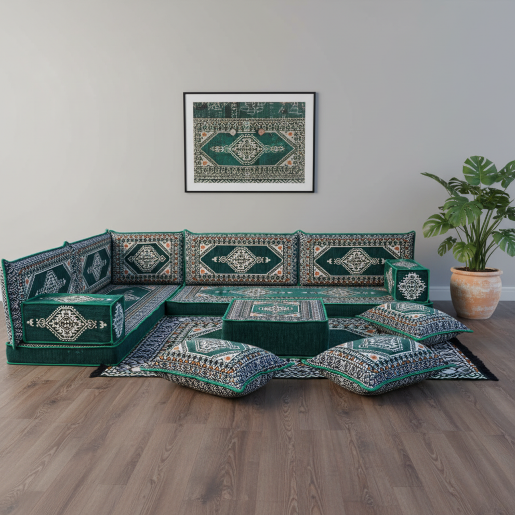 Arabic Floor Sofa Set – Geen L Shaped Majlis Sectional with 4 Inch Cushions