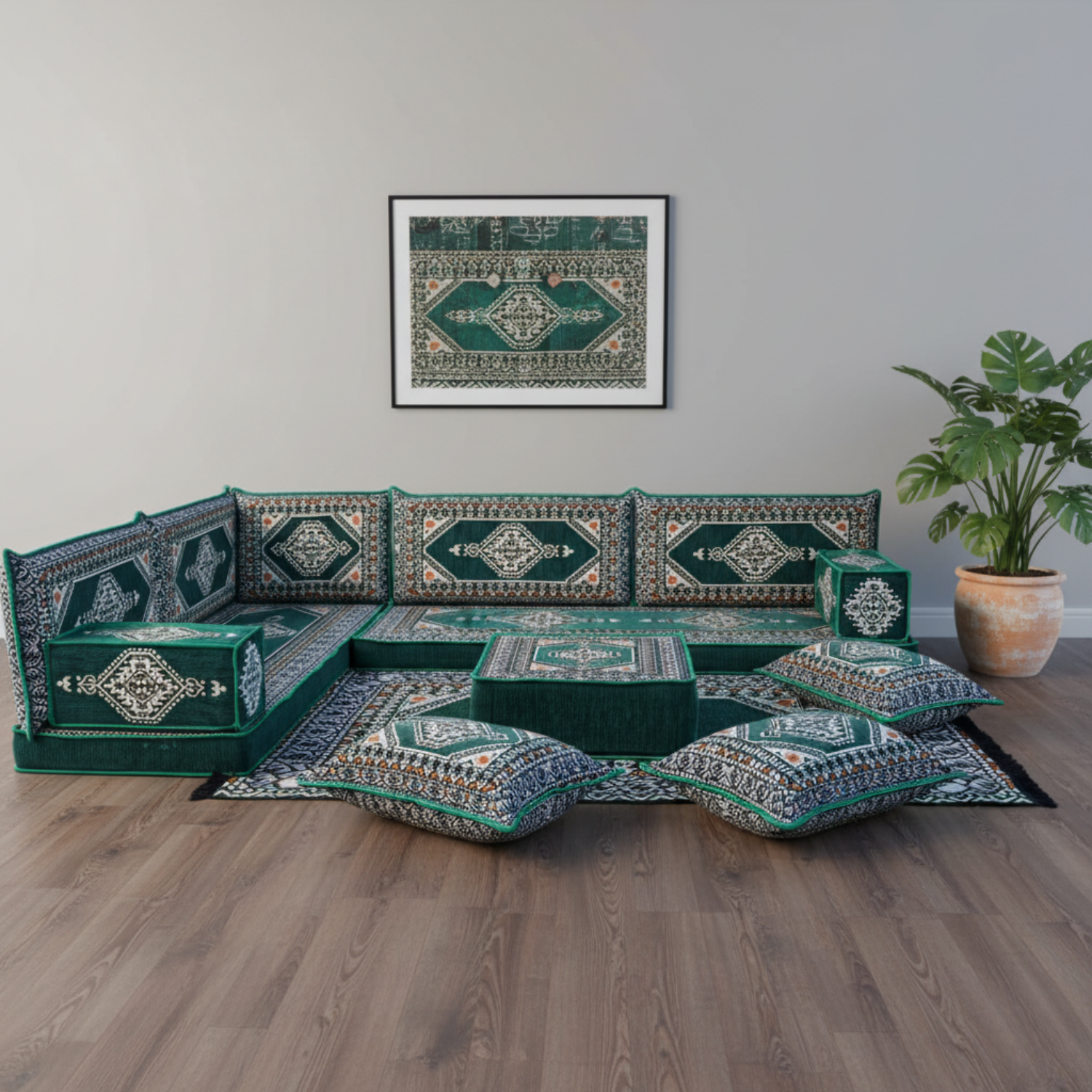 Arabic Floor Sofa Set – Geen L Shaped Majlis Sectional with 4 Inch Cushions