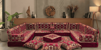 Arabic Floor Sofa Set – Maroon U Shaped Majlis Sectional with 8 Inch Cushions