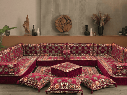 Bukhara U-shaped Arabic majlis floor sofa in Burgundy, 8-inch cushions - photo 2