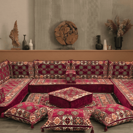 Arabic Floor Sofa Set – Maroon U Shaped Majlis Sectional with 8 Inch Cushions