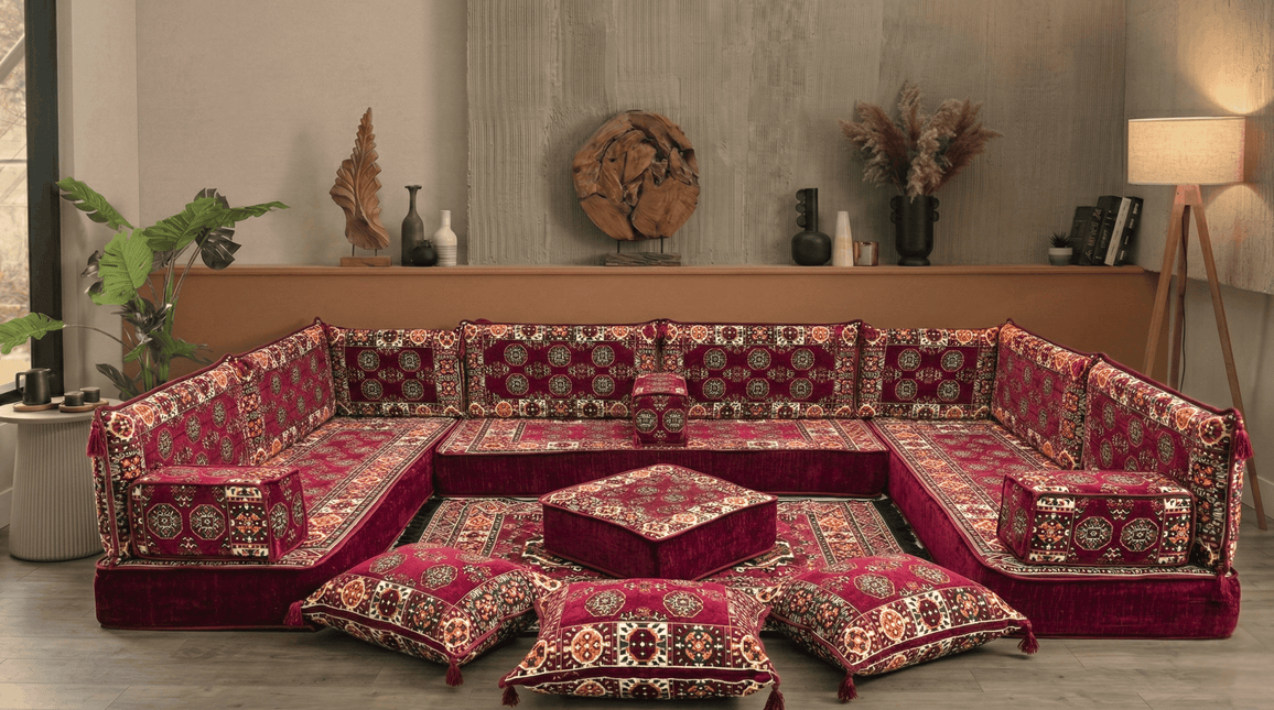 Arabic Floor Sofa Set – Maroon U Shaped Majlis Sectional with 8 Inch Cushions