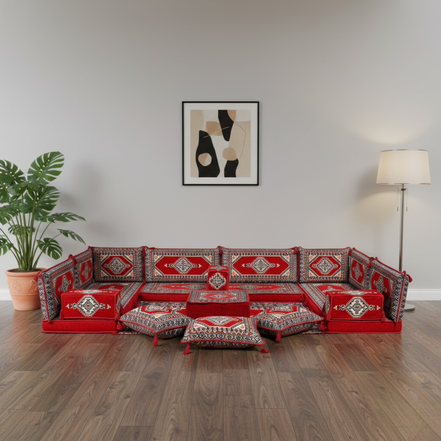 Arabic Floor Sofa Set – Red U Shaped Majlis Sectional with 4 Inch Cushions