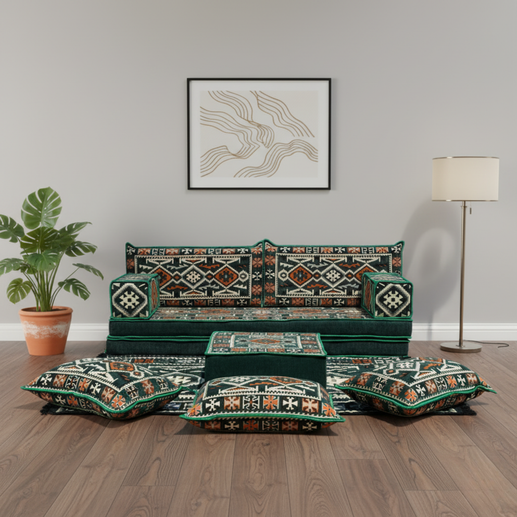 Arabic Loveseat Sofa Set – Green Loveseat Set with 4 and 8 Inch Cushion Options