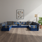 Arabic Floor Sofa Set – Blue U Shaped Majlis Sectional with 8 Inch Cushions