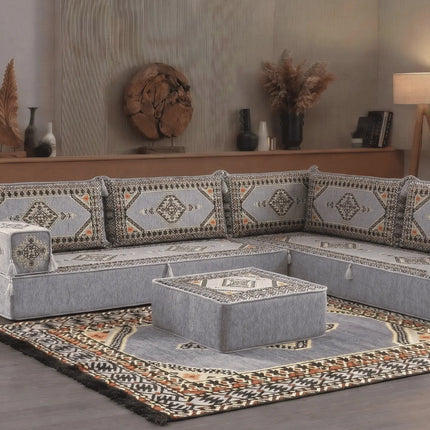 Arabic Floor Sofa Set – Gray L Shaped Majlis Sectional with 8 Inch Cushions