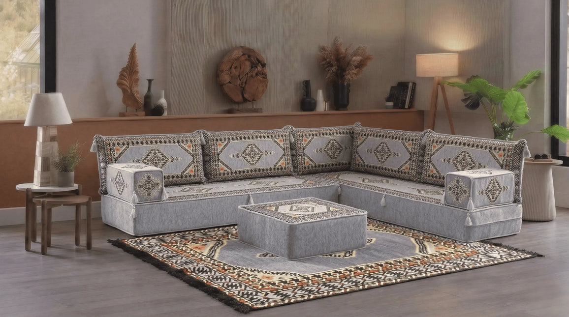 Arabic Floor Sofa Set – Gray L Shaped Majlis Sectional with 8 Inch Cushions
