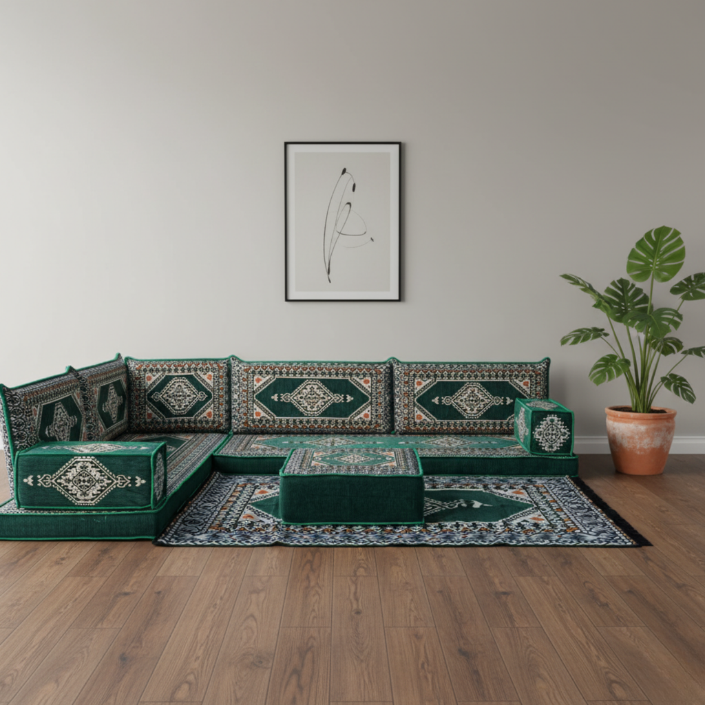 Arabic Floor Sofa Set – Geen L Shaped Majlis Sectional with 4 Inch Cushions