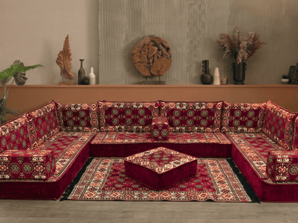 Bukhara U-shaped Arabic majlis floor sofa in Burgundy, 8-inch cushions - photo 4