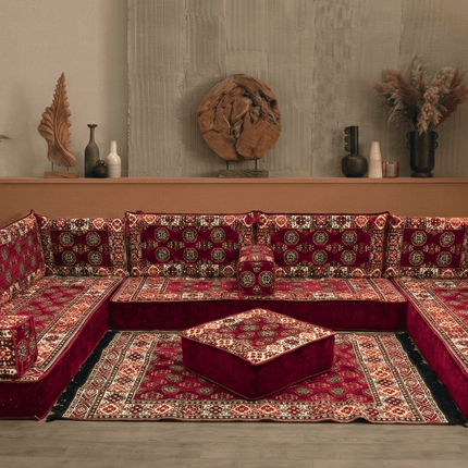 Arabic Floor Sofa Set – Maroon U Shaped Majlis Sectional with 8 Inch Cushions