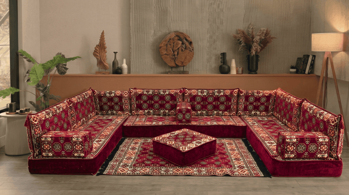 Arabic Floor Sofa Set – Maroon U Shaped Majlis Sectional with 8 Inch Cushions