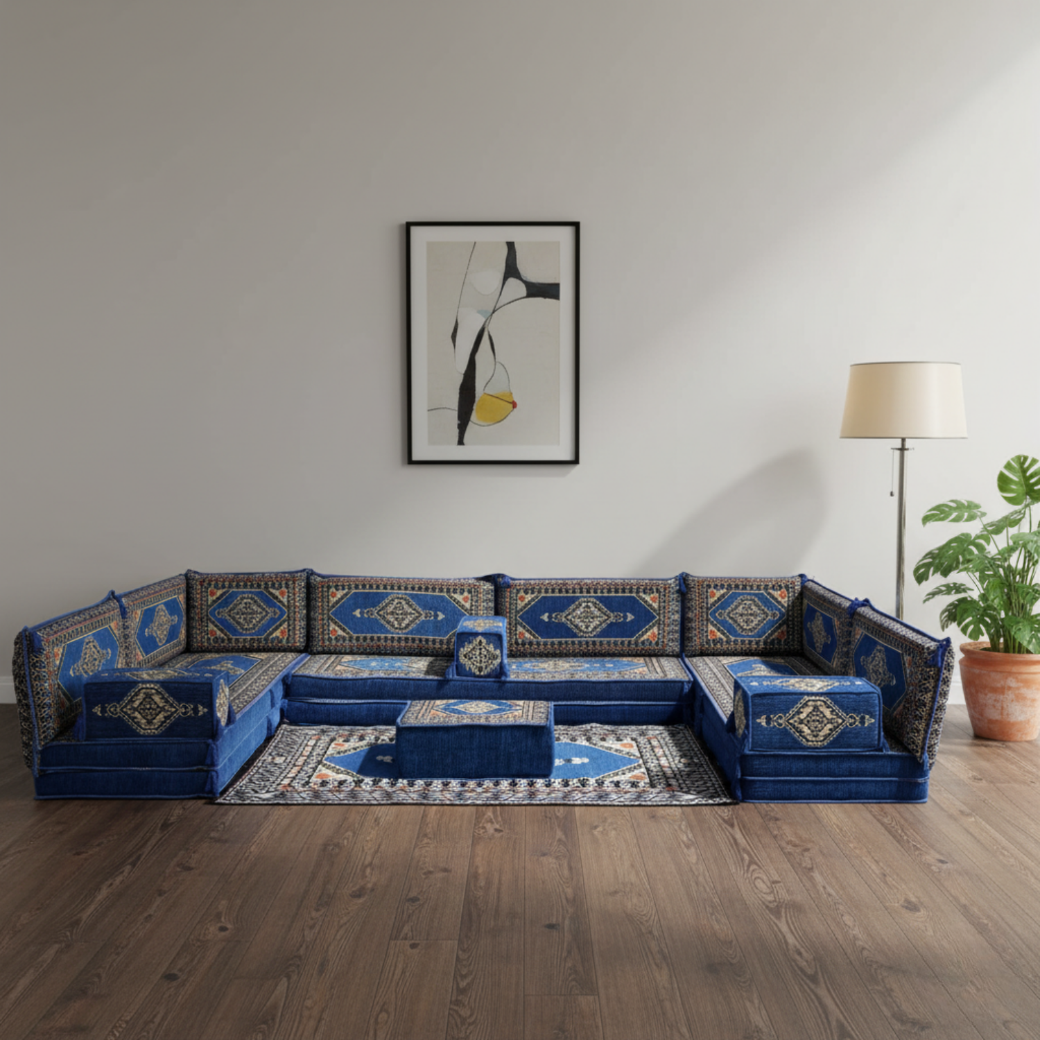 Arabic Floor Sofa Set – Blue U Shaped Majlis Sectional with 8 Inch Cushions
