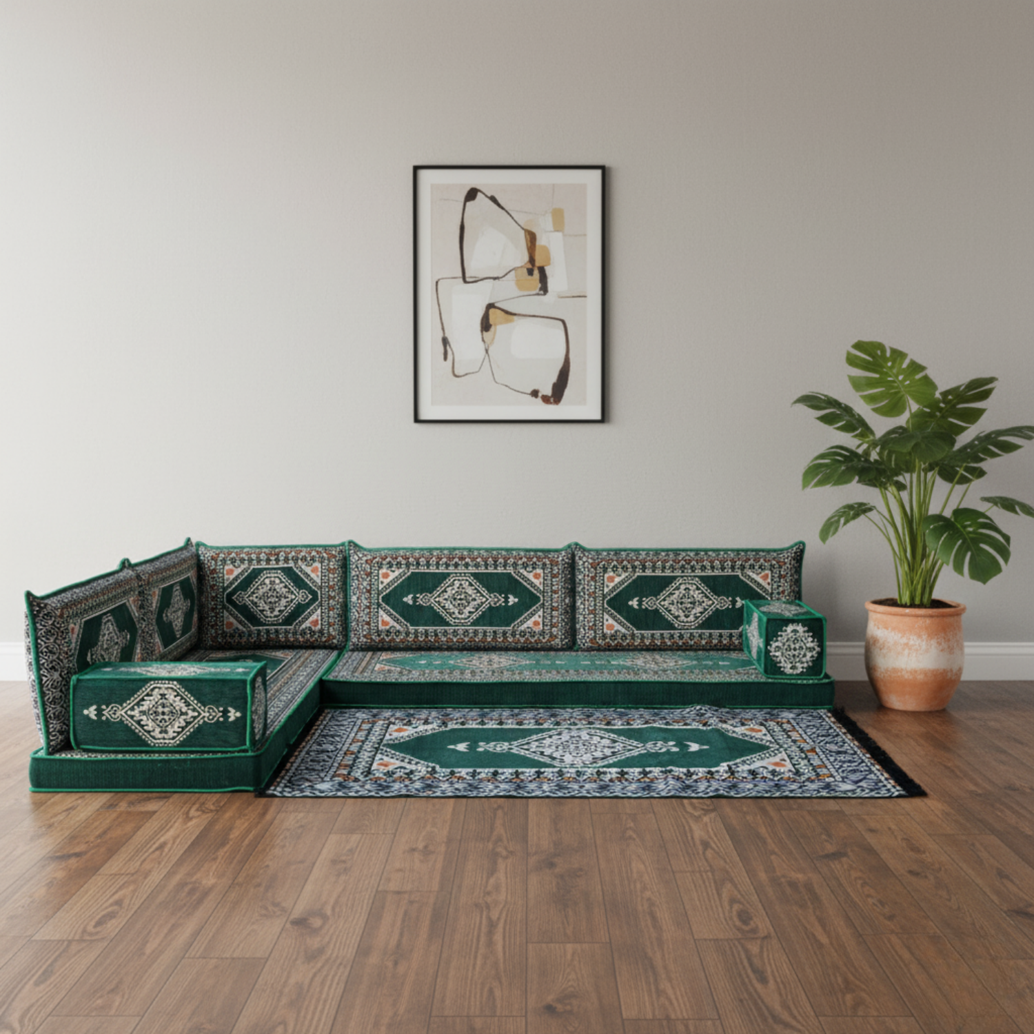 Arabic Floor Sofa Set – Geen L Shaped Majlis Sectional with 4 Inch Cushions