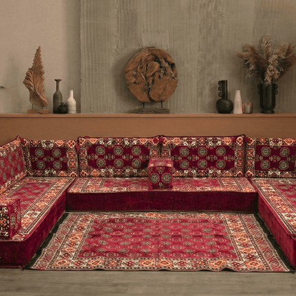 Arabic Floor Sofa Set – Maroon U Shaped Majlis Sectional with 8 Inch Cushions