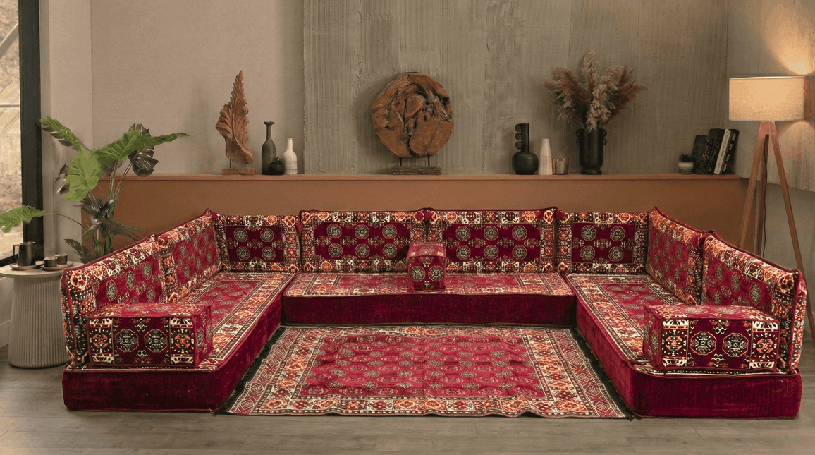 Arabic Floor Sofa Set – Maroon U Shaped Majlis Sectional with 8 Inch Cushions