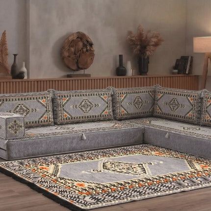 Arabic Floor Sofa Set – Gray L Shaped Majlis Sectional with 8 Inch Cushions