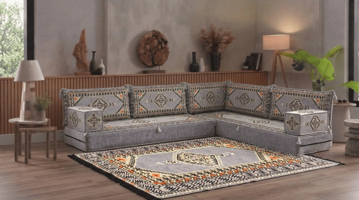 Arabic Floor Sofa Set – Gray L Shaped Majlis Sectional with 8 Inch Cushions