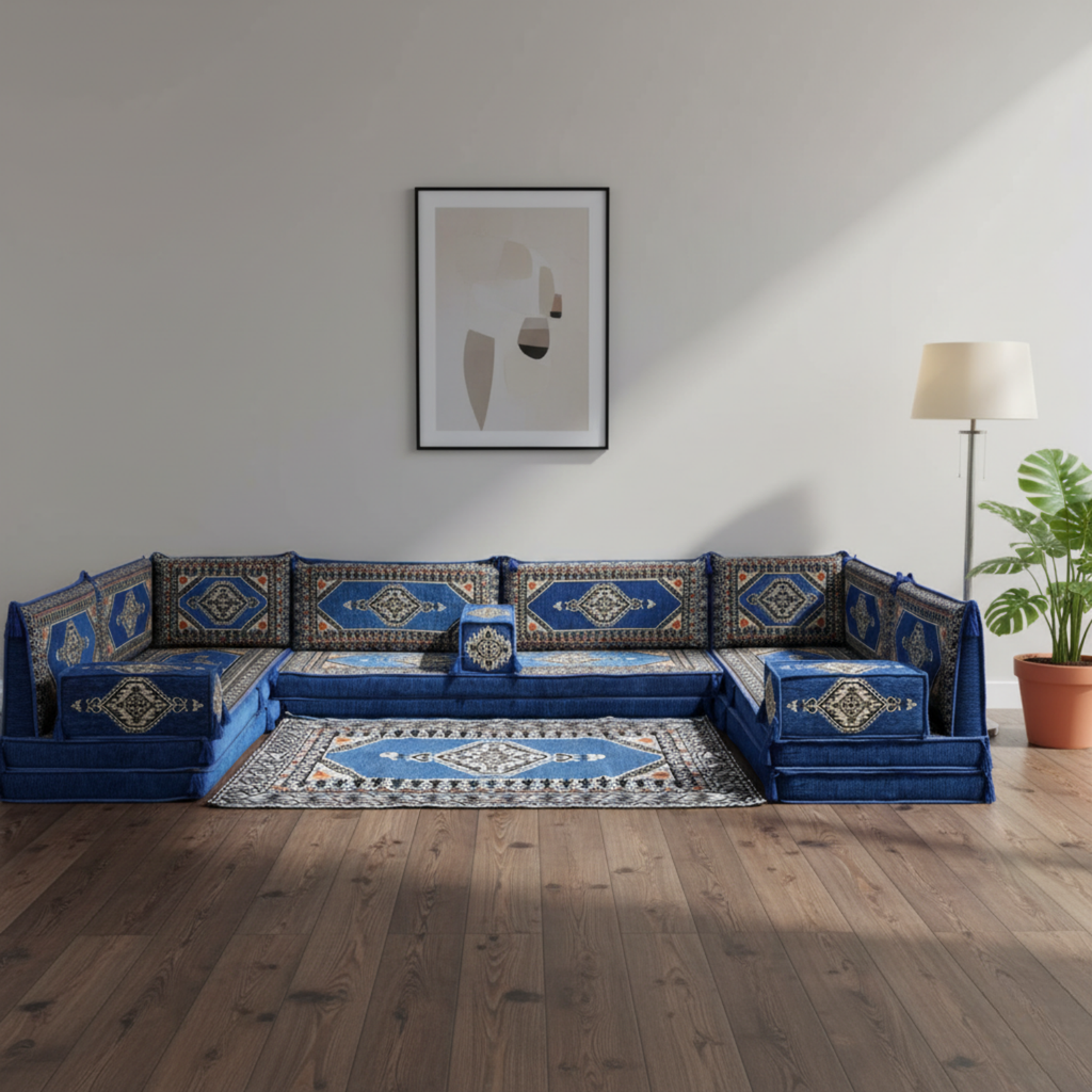 Arabic Floor Sofa Set – Blue U Shaped Majlis Sectional with 8 Inch Cushions