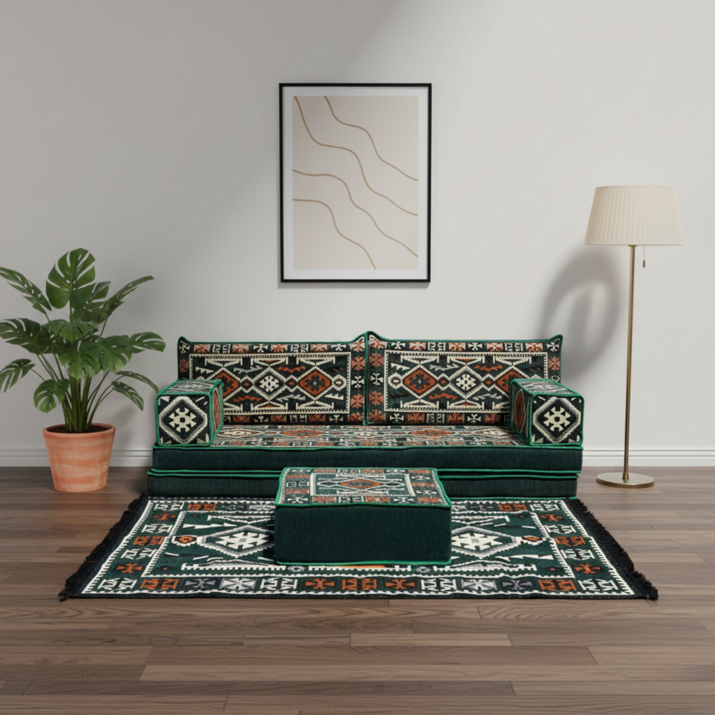 Arabic Loveseat Sofa Set – Green Loveseat Set with 4 and 8 Inch Cushion Options