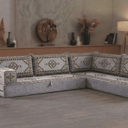 Arabic Floor Sofa Set – Gray L Shaped Majlis Sectional with 8 Inch Cushions