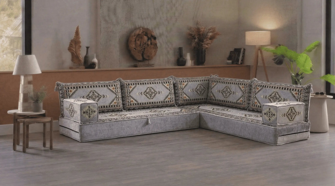 Arabic Floor Sofa Set – Gray L Shaped Majlis Sectional with 8 Inch Cushions