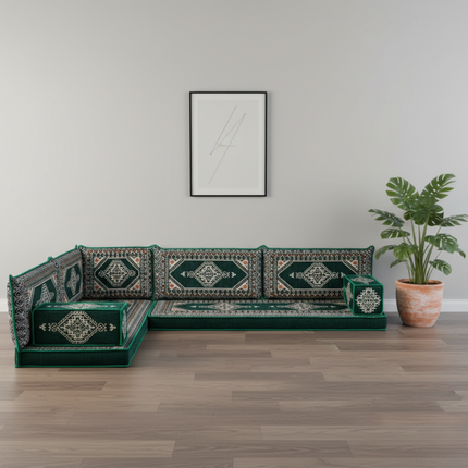 Arabic Floor Sofa Set – Geen L Shaped Majlis Sectional with 4 Inch Cushions