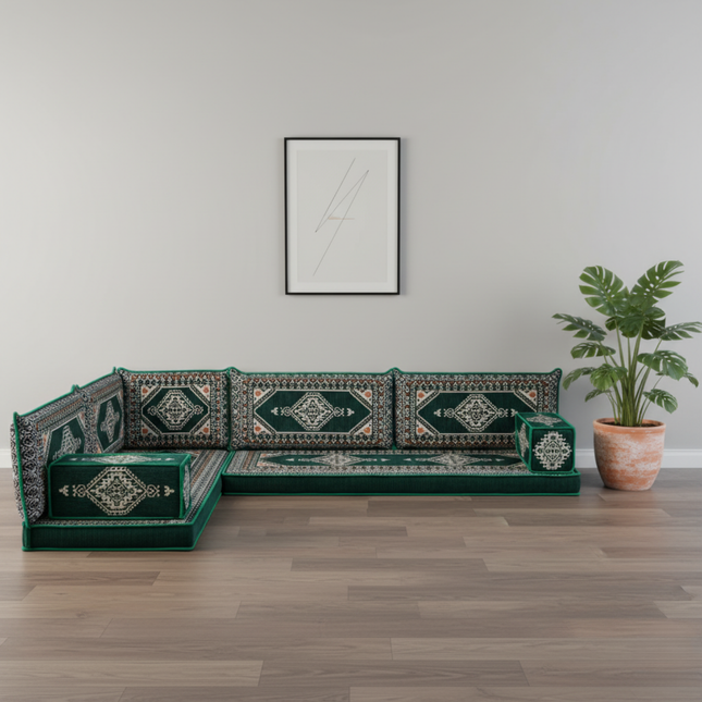 Arabic Floor Sofa Set – Geen L Shaped Majlis Sectional with 4 Inch Cushions