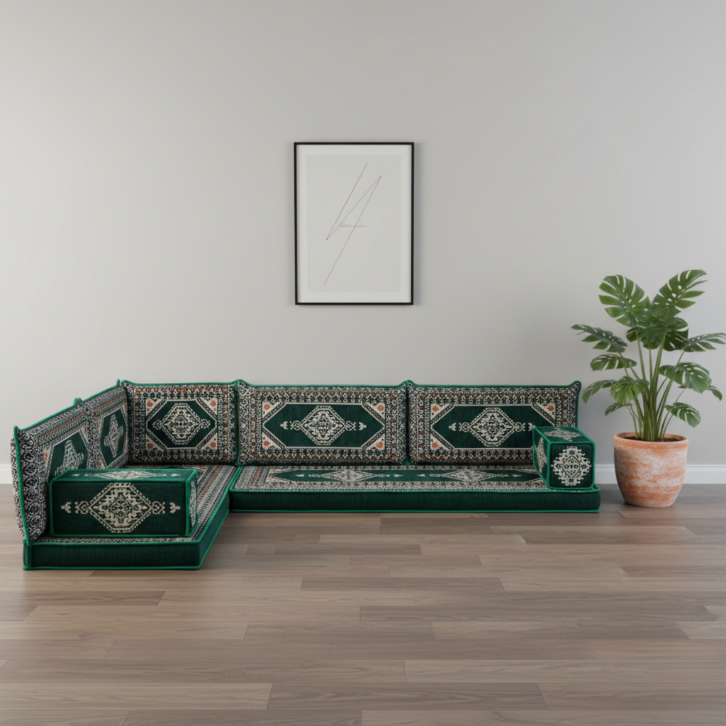 Arabic Floor Sofa Set – Geen L Shaped Majlis Sectional with 4 Inch Cushions