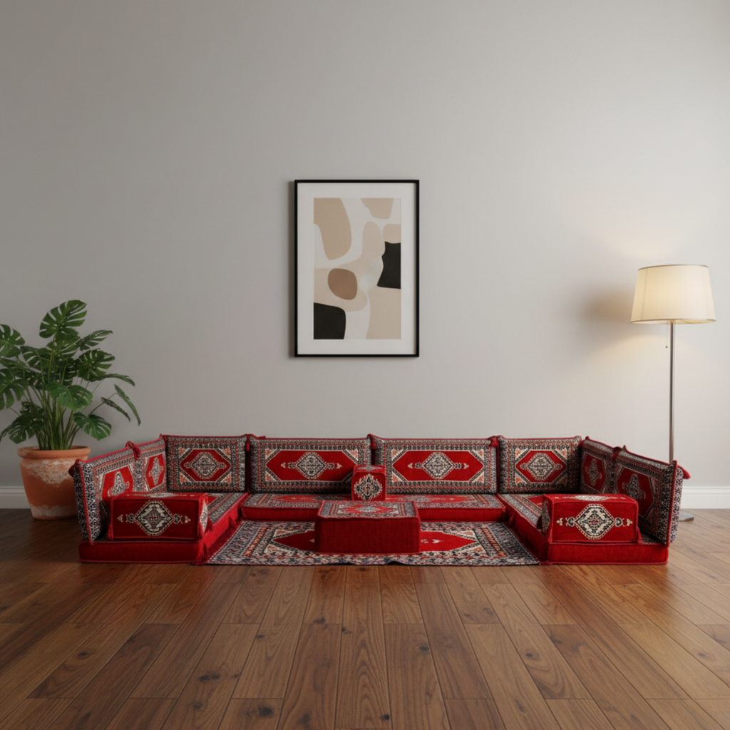 Arabic Floor Sofa Set – Red U Shaped Majlis Sectional with 4 Inch Cushions