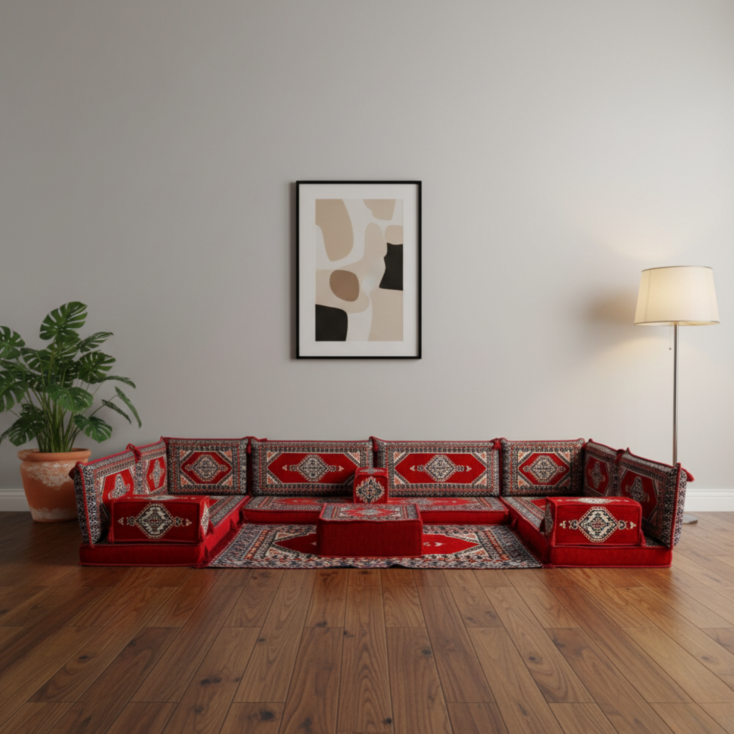 Arabic Floor Sofa Set – Red U Shaped Majlis Sectional with 4 Inch Cushions