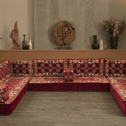 Arabic Floor Sofa Set – Maroon U Shaped Majlis Sectional with 8 Inch Cushions
