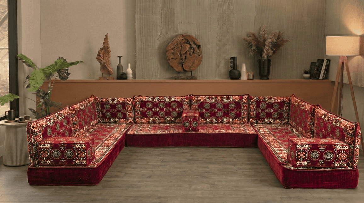 Arabic Floor Sofa Set – Maroon U Shaped Majlis Sectional with 8 Inch Cushions