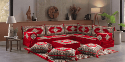 Arabic Floor Sofa Set – Red L Shaped Majlis Sectional with 8 Inch Cushions