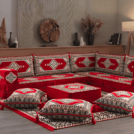 Arabic Floor Sofa Set – Red L Shaped Majlis Sectional with 8 Inch Cushions