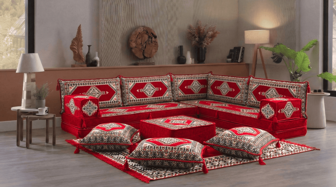 Arabic Floor Sofa Set – Red L Shaped Majlis Sectional with 8 Inch Cushions