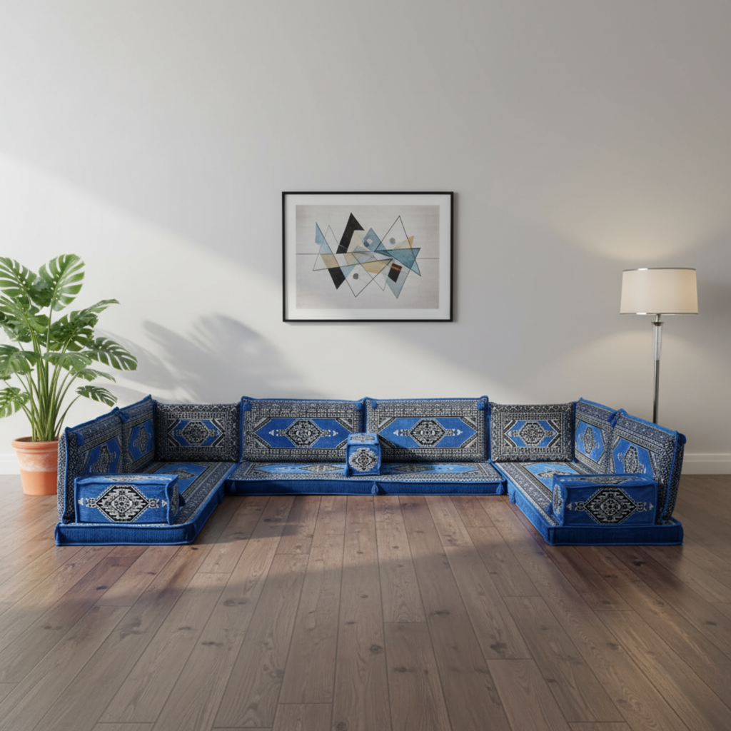 Arabic Floor Sofa Set – Blue U Shaped Majlis Sectional with 4 Inch Cushions