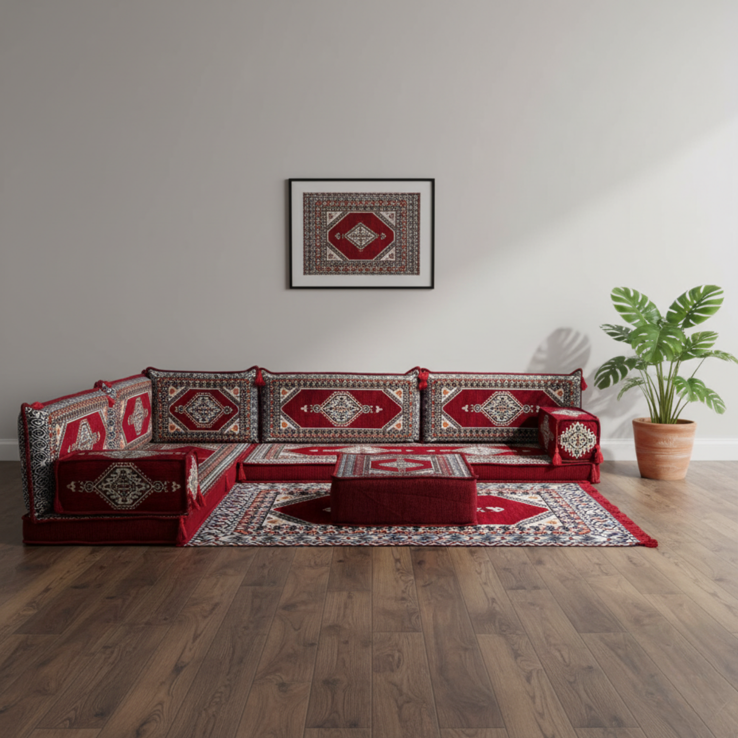 Arabic Floor Sofa Set – Red L Shaped Majlis Sectional with 4 Inch Cushions