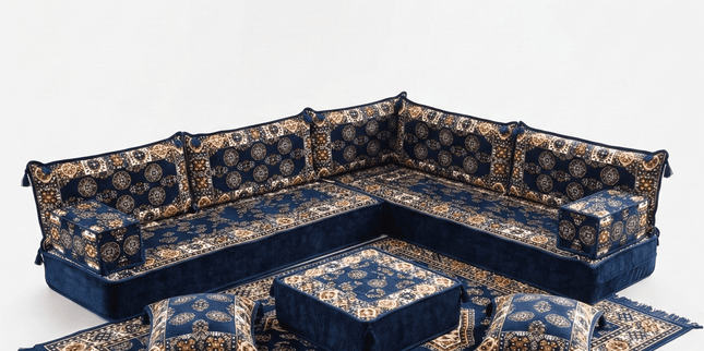Arabic Floor Sofa Set – Navy L Shaped Majlis Sectional with 8 Inch Cushions