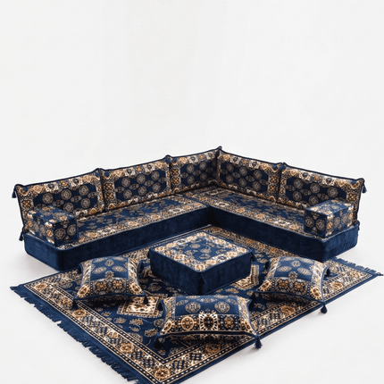 Arabic Floor Sofa Set – Navy L Shaped Majlis Sectional with 8 Inch Cushions