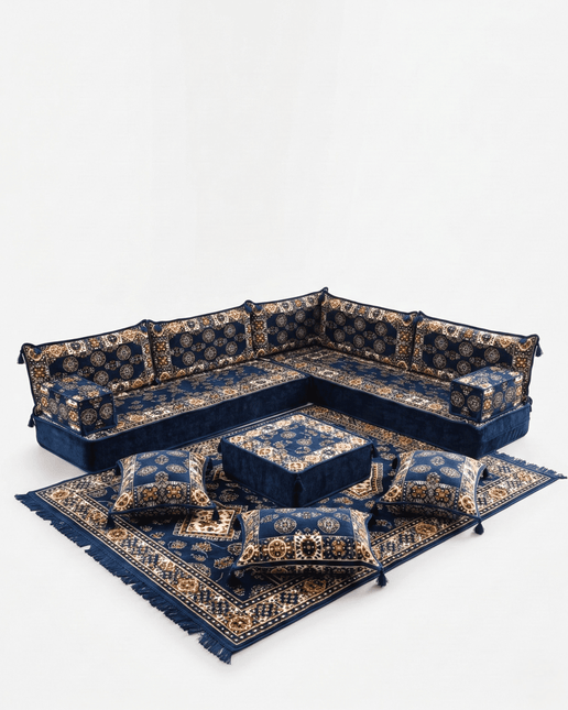Arabic Floor Sofa Set – Navy L Shaped Majlis Sectional with 8 Inch Cushions