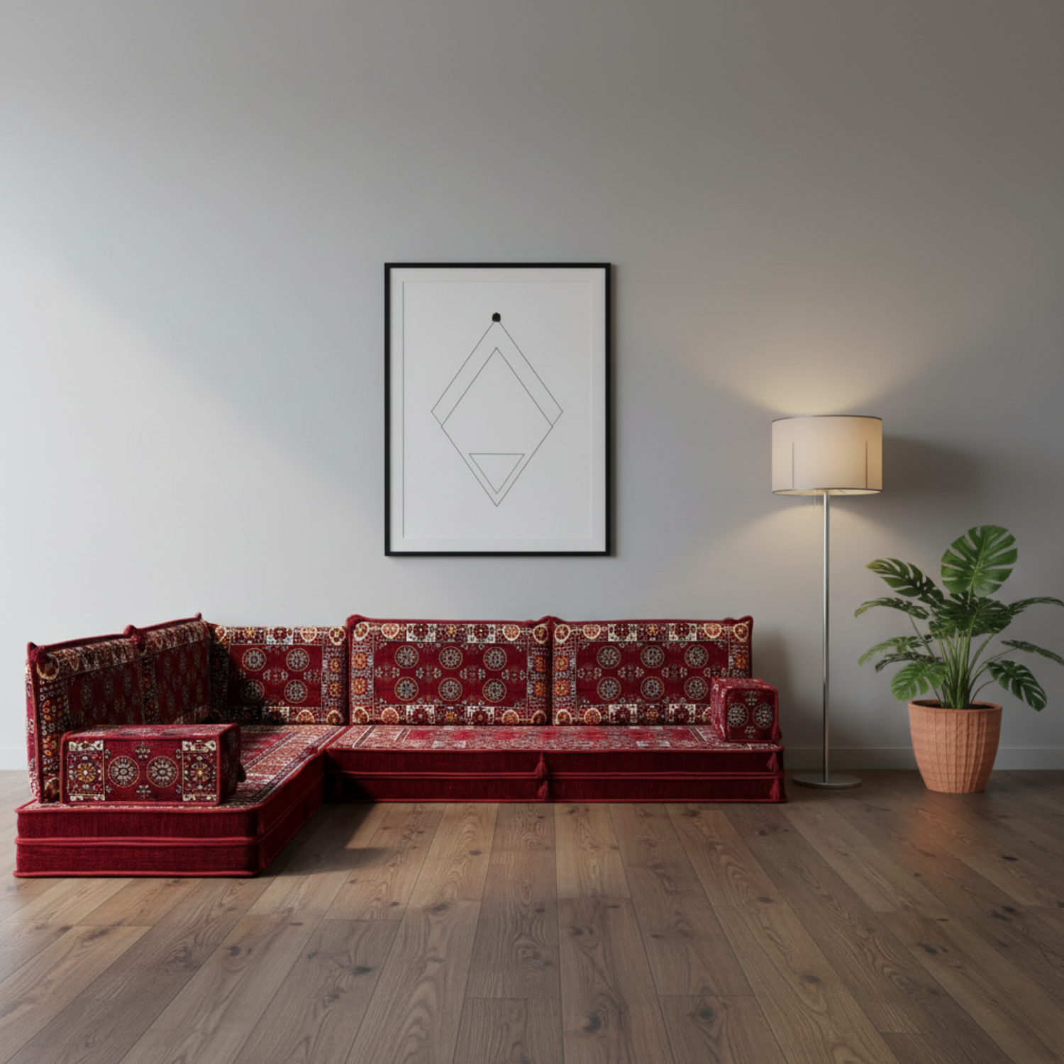 Arabic Floor Sofa Set – Maroon L Shaped Majlis Sectional with 8 Inch Cushions