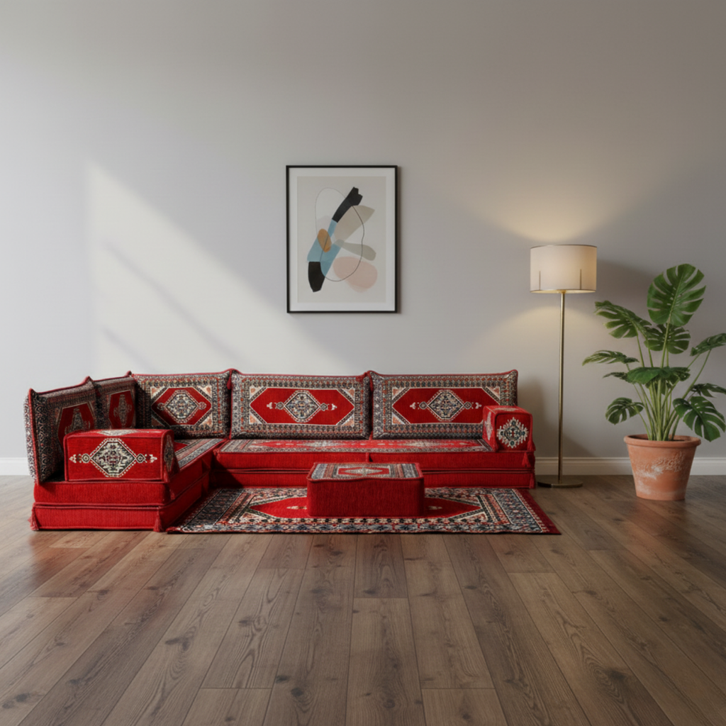 Arabic Floor Sofa Set – Red L Shaped Majlis Sectional with 8 Inch Cushions