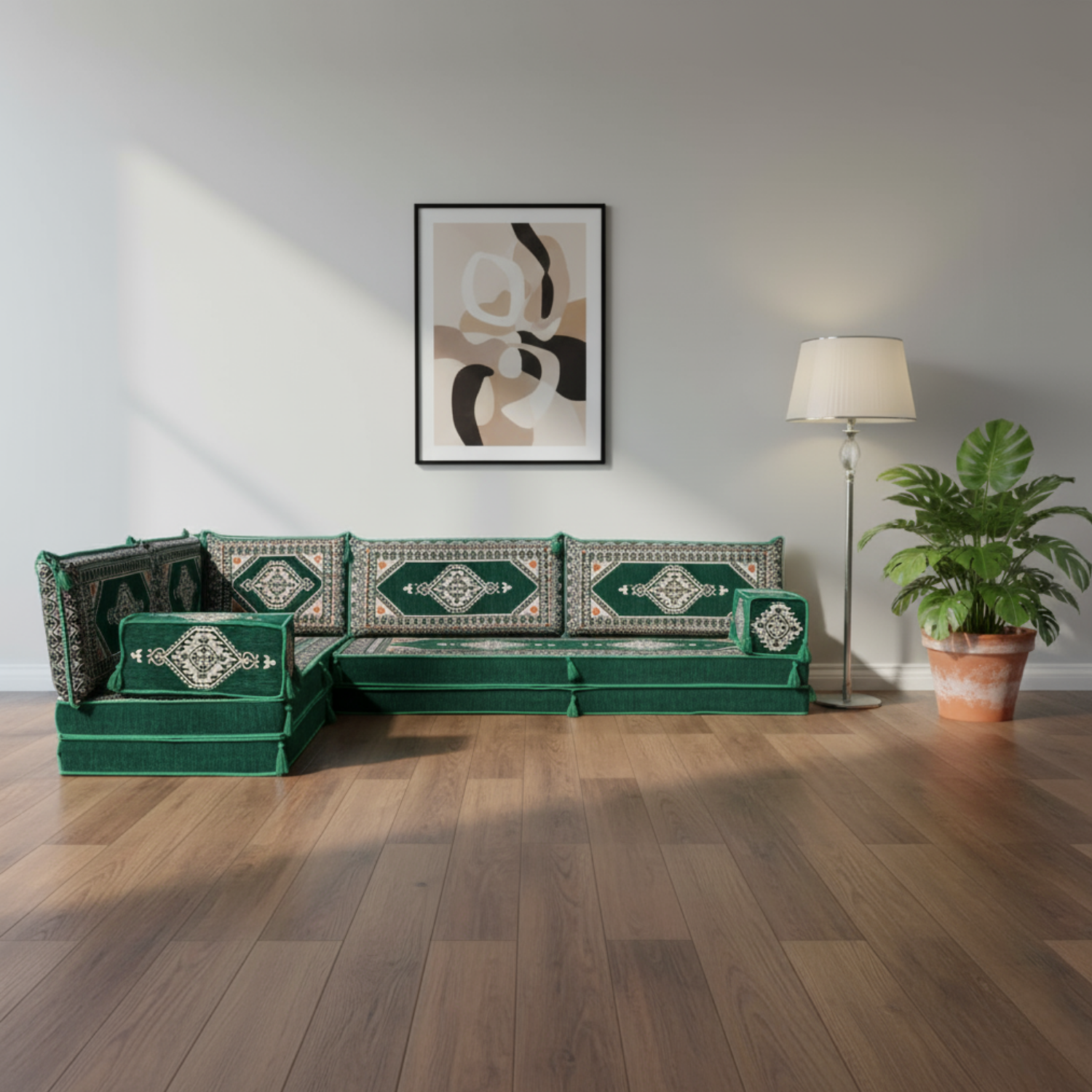 Arabic Floor Sofa Set – Green L Shaped Majlis Sectional with 8 Inch Cushions
