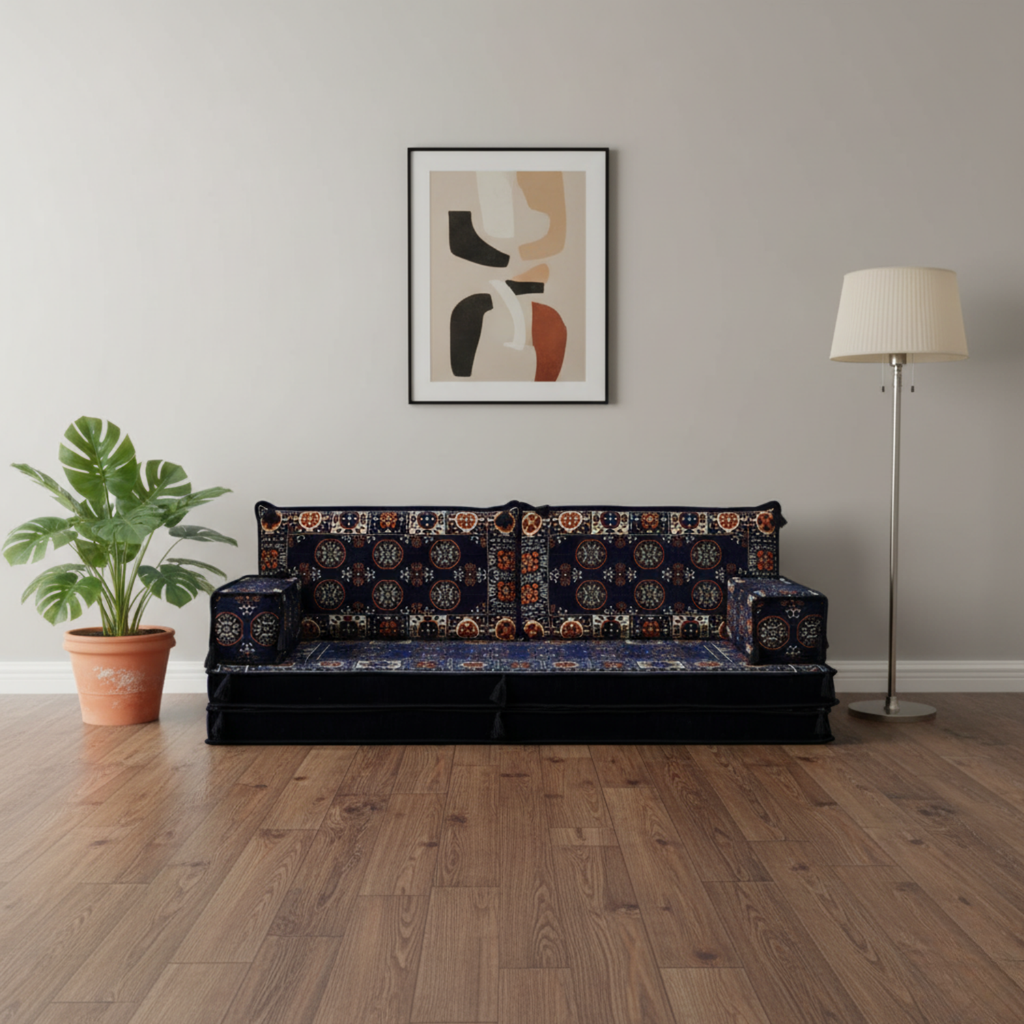 Arabic Loveseat Sofa Set – Navy Loveseat Set with 4 and 8 Inch Cushion Options