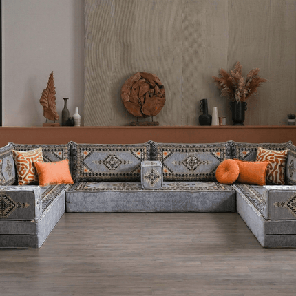 Arabic Floor Sofa Set – Gray U Shaped Majlis Sectional with 8 Inch Cushions