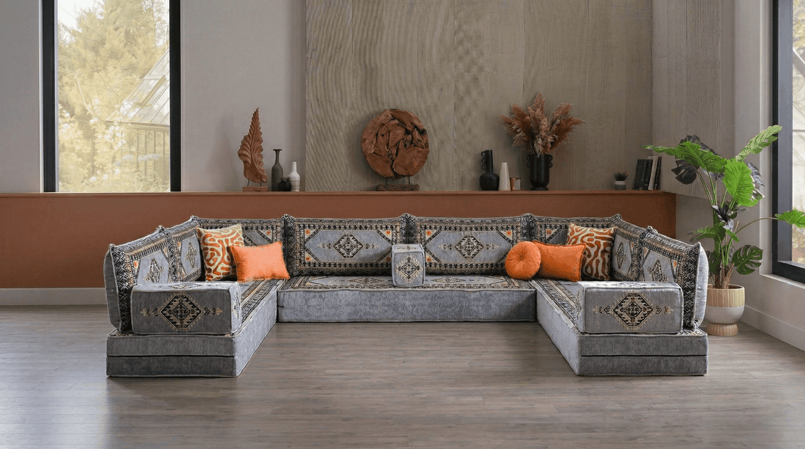 Arabic Floor Sofa Set – Gray U Shaped Majlis Sectional with 8 Inch Cushions
